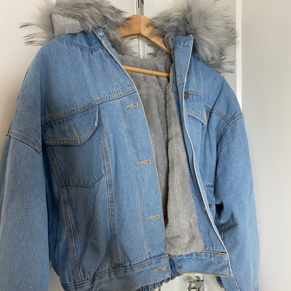 Faux fur denim coat